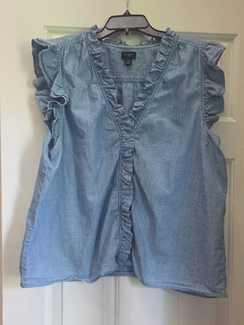 J. Crew Chambray Ruffle V-Neck Sleeveless Top - Light Blue